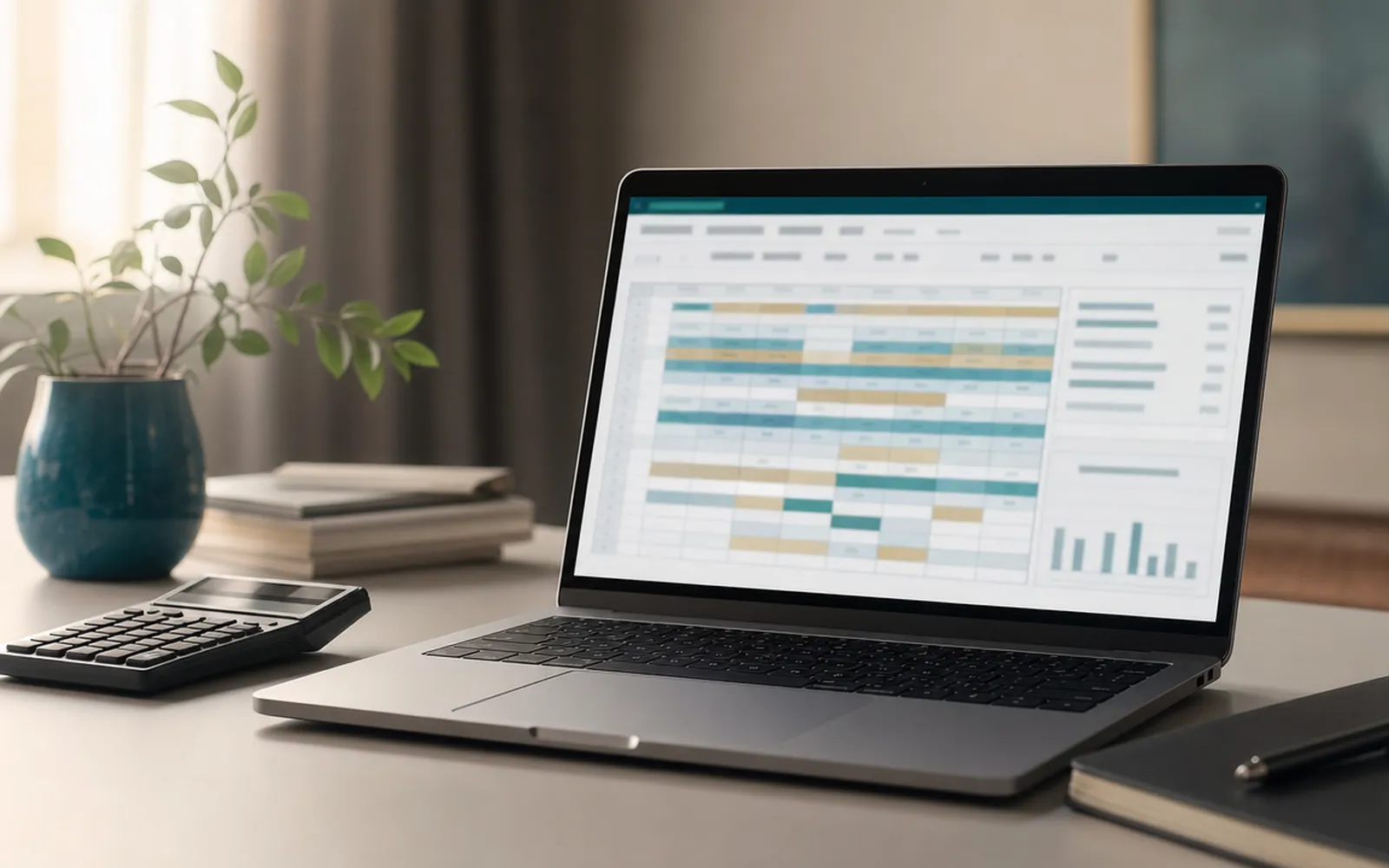 Illustrative photo: a laptop on a clean desk showing an abstract spreadsheet grid with coloured cells. Not a sample of the Excel / Google Sheets Build deliverable.