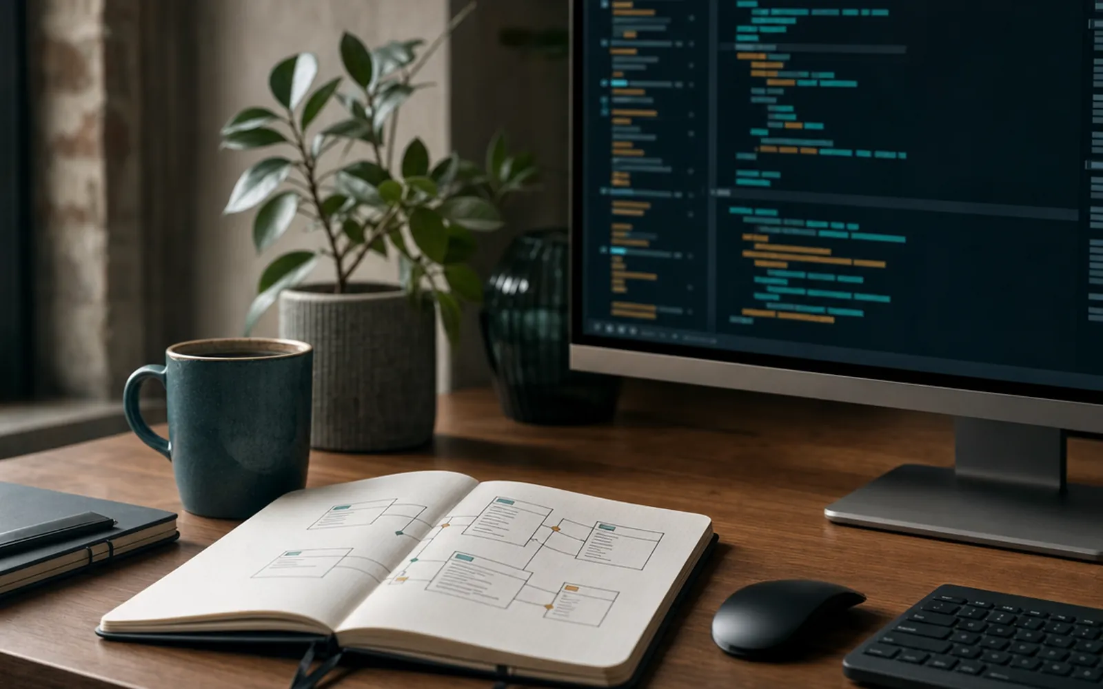 Illustrative photo: a monitor showing abstract syntax-highlighted query blocks beside a notebook with a hand-drawn table diagram. Not a sample of the SQL Query Writing & Tuning deliverable.