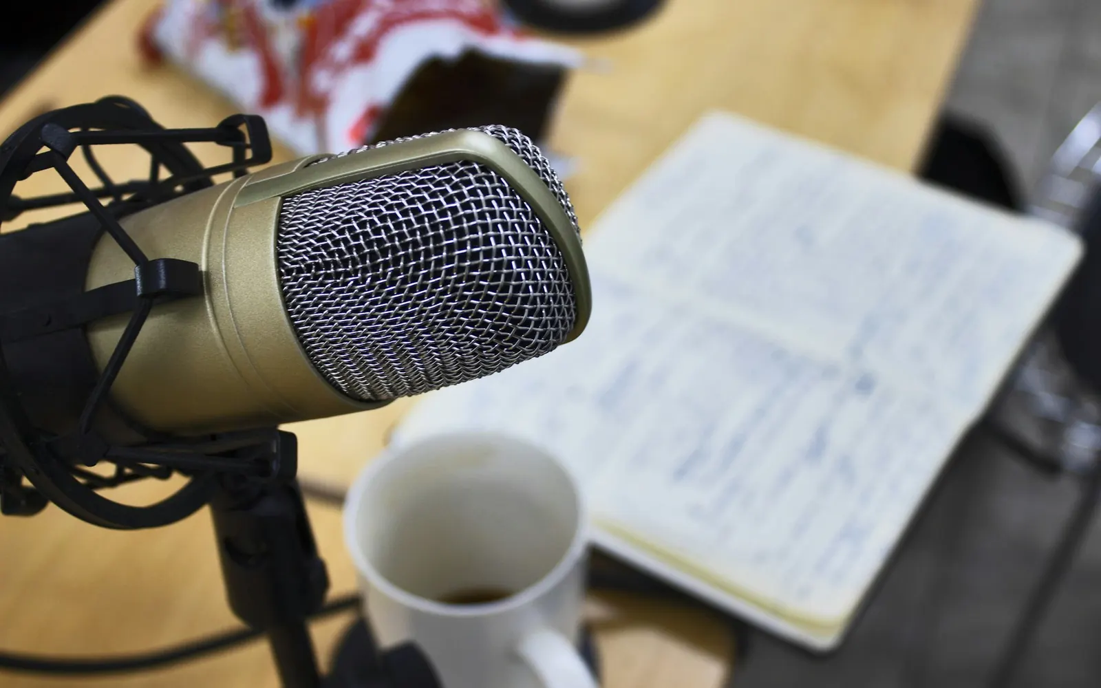 Illustrative photo: a studio microphone beside a handwritten script notebook. Not a sample of the Video Script & Show Notes deliverable.